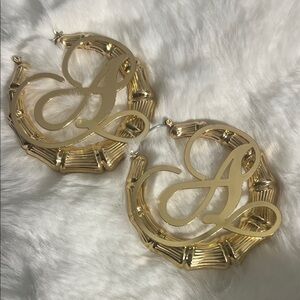Gold Initial 'A' Bamboo Hoop Earrings - Women Jewelry